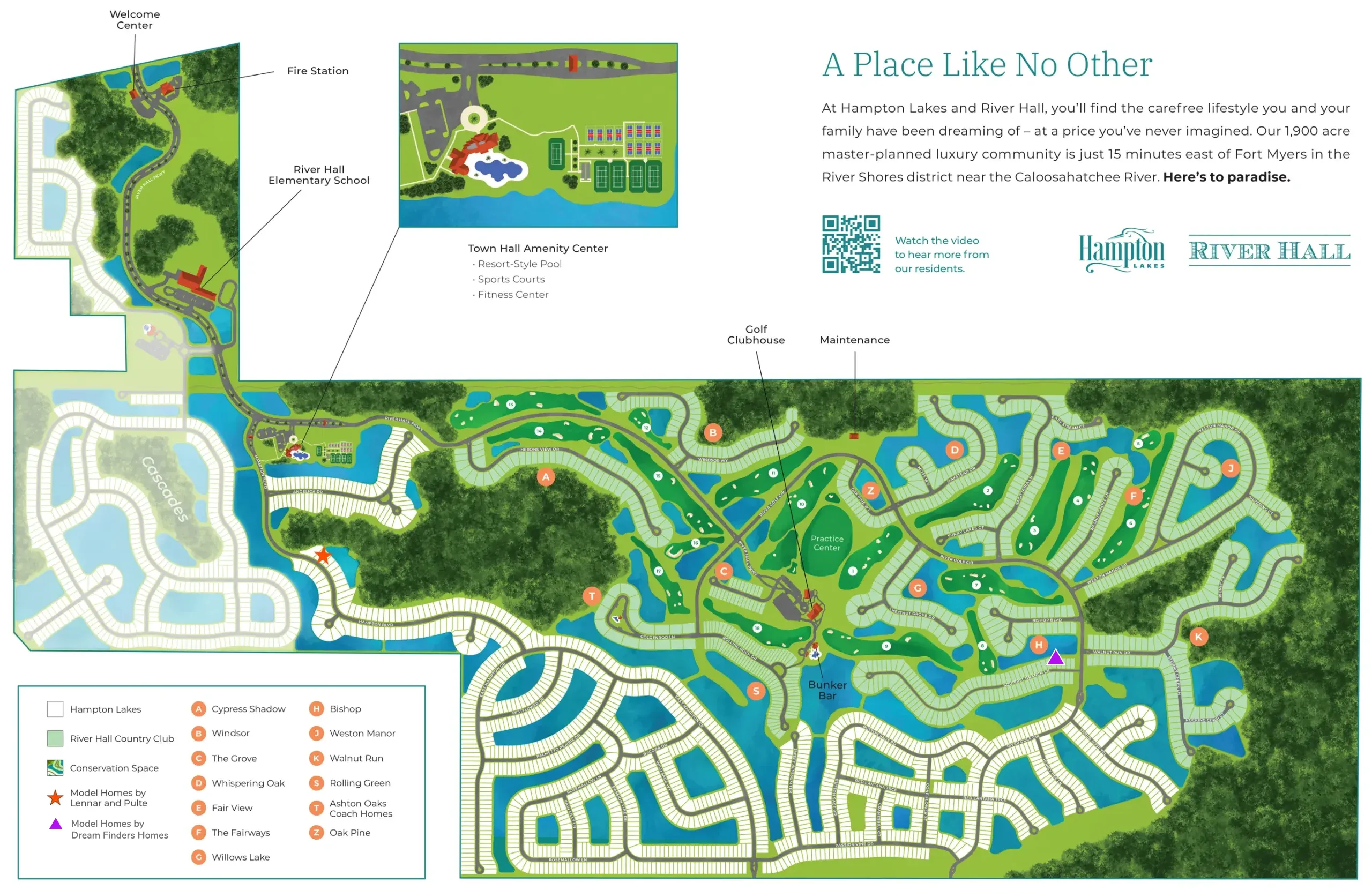 Community map highlighting River Hall Country Club neighborhoods, golf course, and clubhouse within the Alva FL master plan