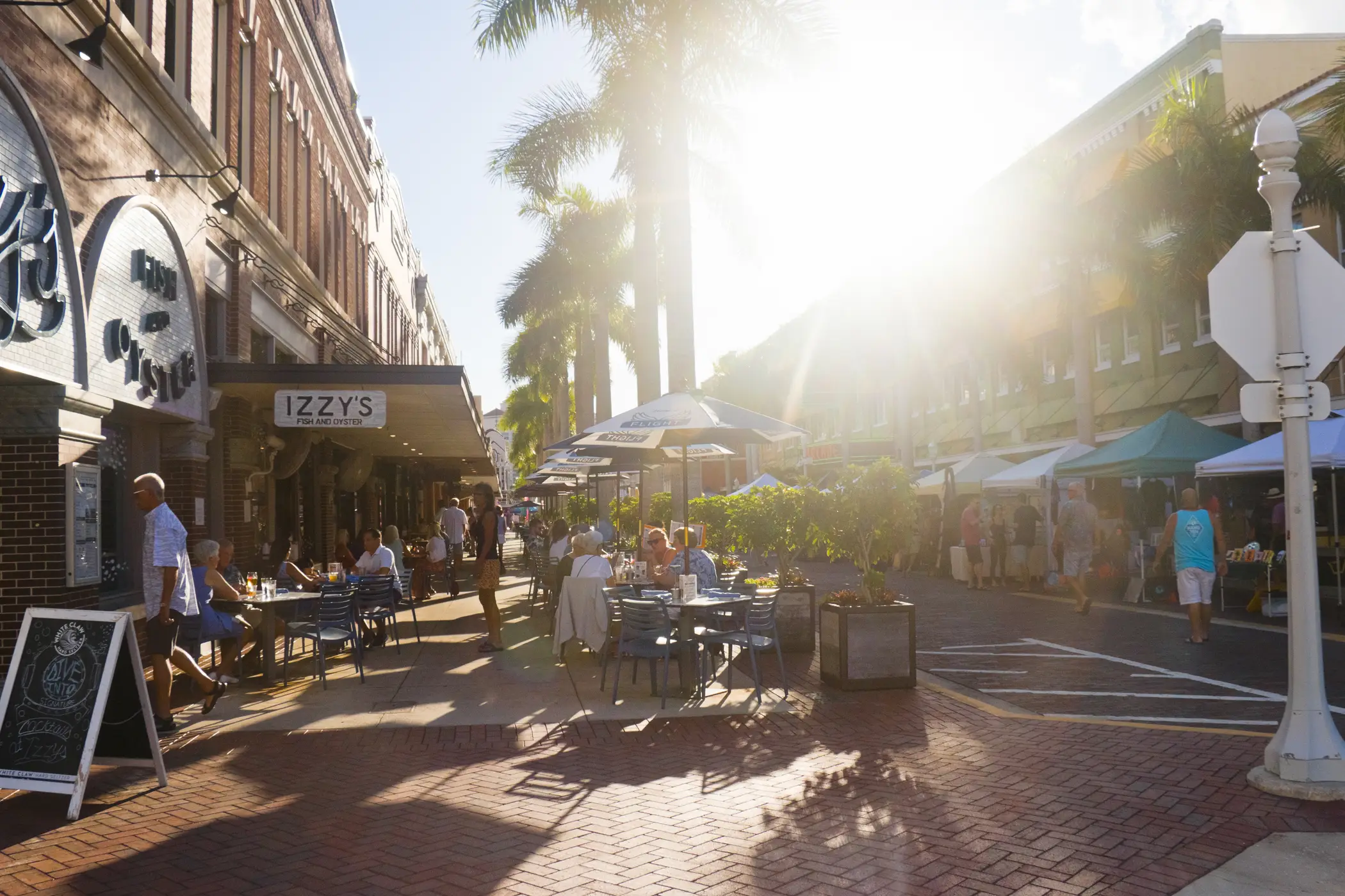 Historic streets and shops of the downtown Fort Myers River District at dusk