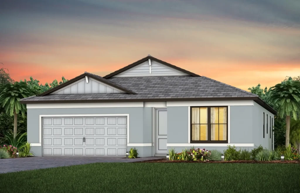 New construction single-family home exterior at Hampton Lakes in Alva Florida