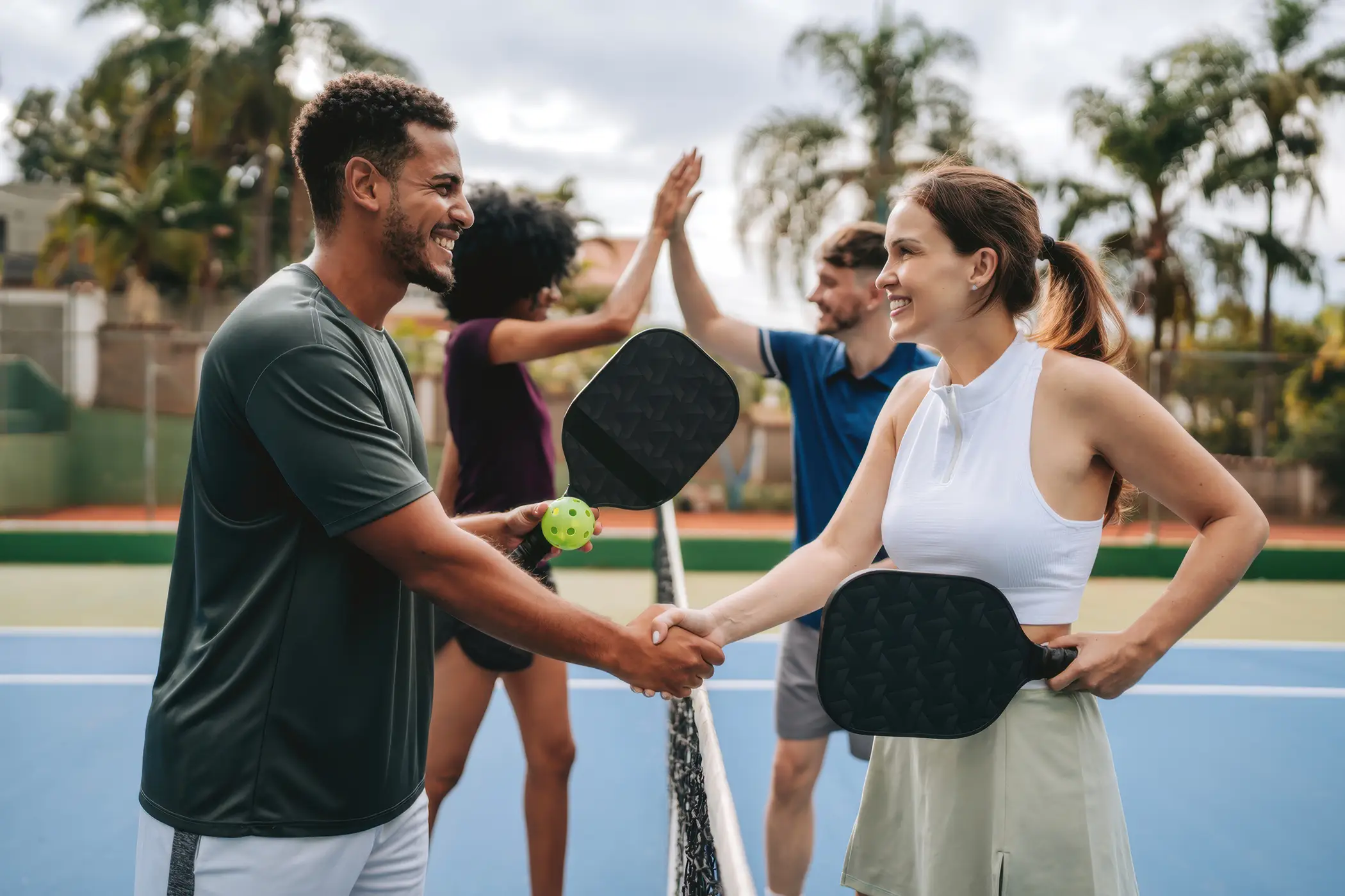 Two couples mid-rally on the community pickleball courts